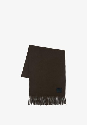 Sciarpa marrone scuro realizzata in morbido tessuto con estremità frangiate. Presenta un piccolo etichetta nera su un lato. Design semplice e rettangolare.