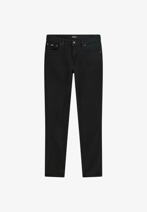 Jeans in denim nero con vestibilità slim. Presentano tasche frontali, una piccola tasca porta-monete e un'etichetta sulla vita. Tessuto liscio e design elegante.