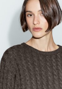 Maglione marrone lavorato a maglia con un motivo a coste, scollatura rotonda e dettagli testurizzati, che mette in evidenza una vestibilità aderente su uno sfondo neutro.
