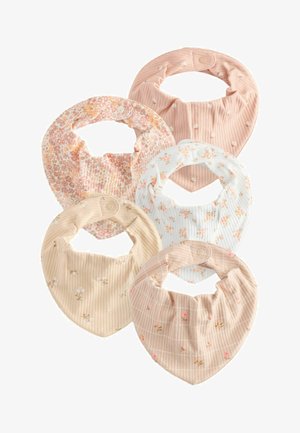 Set med fem spjälsängsbindor i mjukt tyg. Färgerna inkluderar persika, krämfärg och vitt med blommönster och texturerade mönster. Justerbara knappstängningar.