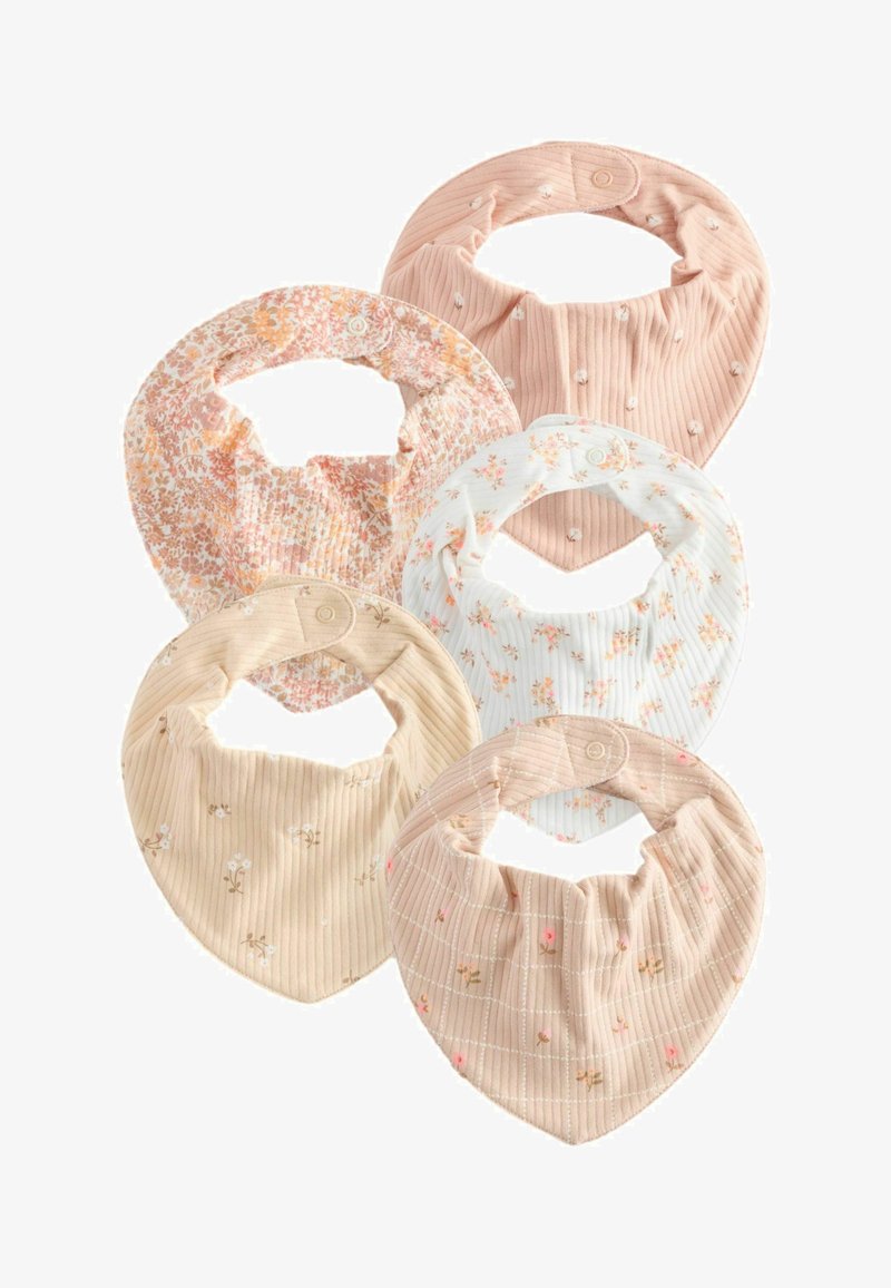 Viie beebibibide komplekt pehmest kangast. Värvid sisaldavad virsikut, kreemi ja valget, millel on lillelised ja tekstuuriga mustrid. Reguleeritavad nupuväärissed.