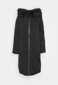 Černá péřová bunda s kapucí s umělou kožešinou, designem s diamantovým prošitím, stříbrným zipem a bočními kapsami. Měkká textura, délka ke kolenům.