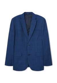Blazer blu navy con motivo a quadri, design a un solo petto, due bottoni, revers a punta e tasche frontali. Texture liscia, vestibilità su misura.