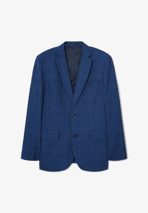 Navyblaues Blazer mit kariertem Muster, einreihiges Design, zwei Knöpfe, aufgesetzte Revers und Vordertaschen. Glatte Textur, maßgeschneiderte Passform.