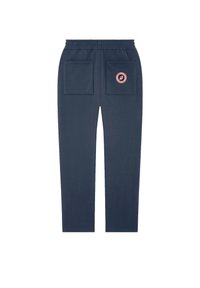 Pantalons de survêtement bleu marine avec une taille élastique, deux poches arrière à patch et un logo circulaire sur la poche droite.