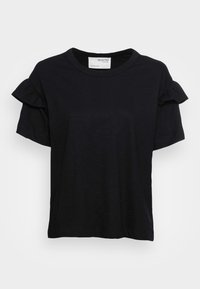Schwarzes kurzärmliges T-Shirt aus leichtem Stoff, mit Rüschendetails an den Ärmeln und klassischem Rundhalsausschnitt.