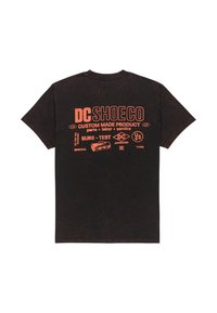 Czarny t-shirt z krótkim rękawem z pomarańczowym nadrukiem tekstu i grafiką na plecach, z efektowną fakturą i standardowym dekoltem w serek.