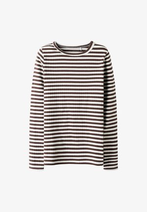 Long-sleeve top with a round neck, featuring a ribbed texture. Alternating brown and white horizontal stripes throughout.