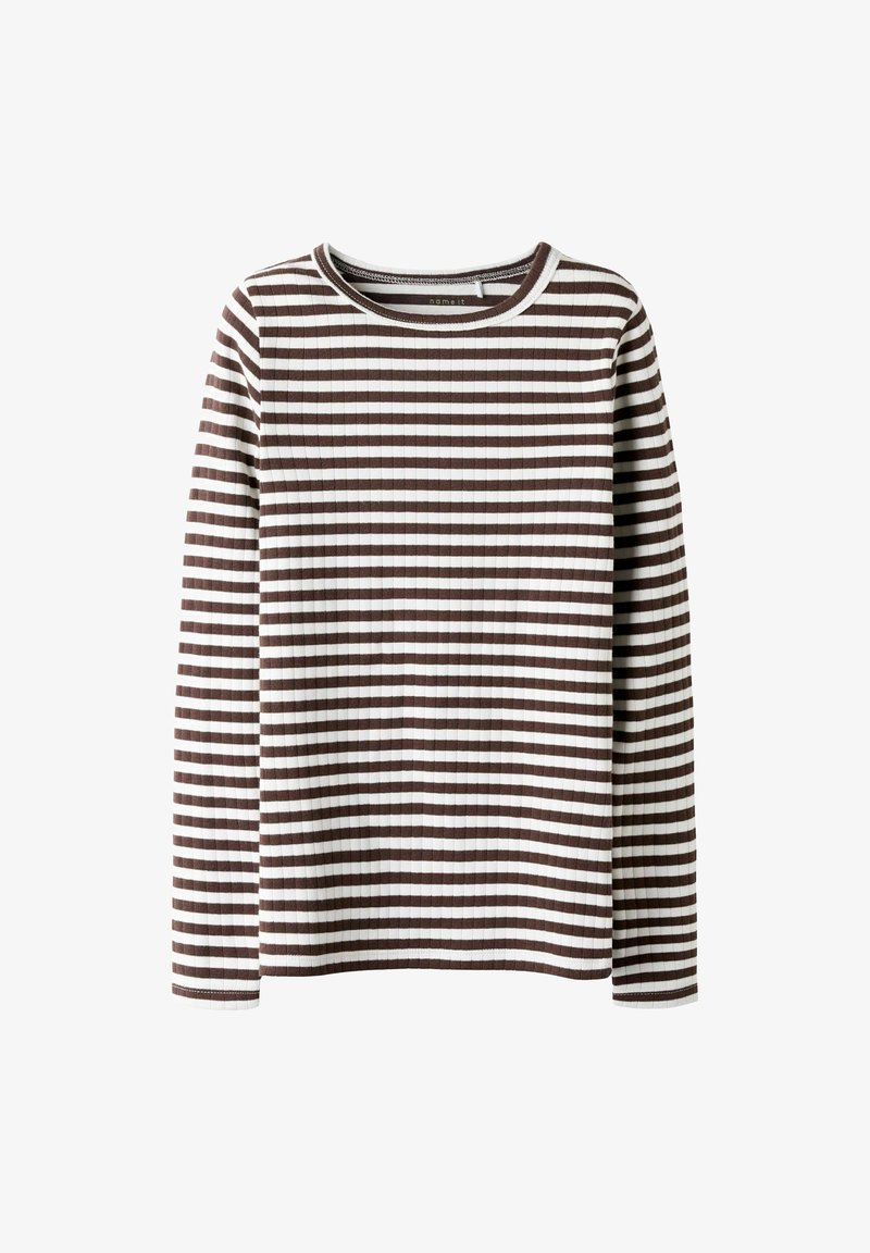 Langärmliges Oberteil mit Rundhalsausschnitt, das über eine gerippte Textur verfügt. Abwechselnde braune und weiße horizontale Streifen überall.