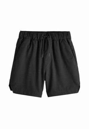 Black swim shorts made of smooth fabric featuring an elastic waistband with a drawstring and side pockets, with a slight side slit at the hem.