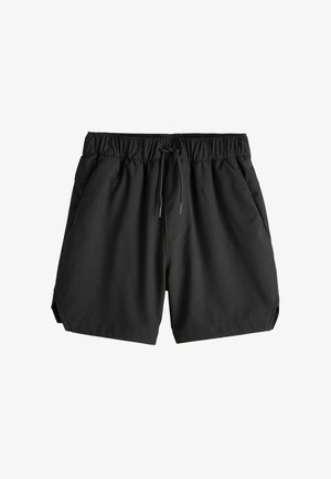 Black swim shorts made of smooth fabric featuring an elastic waistband with a drawstring and side pockets, with a slight side slit at the hem.
