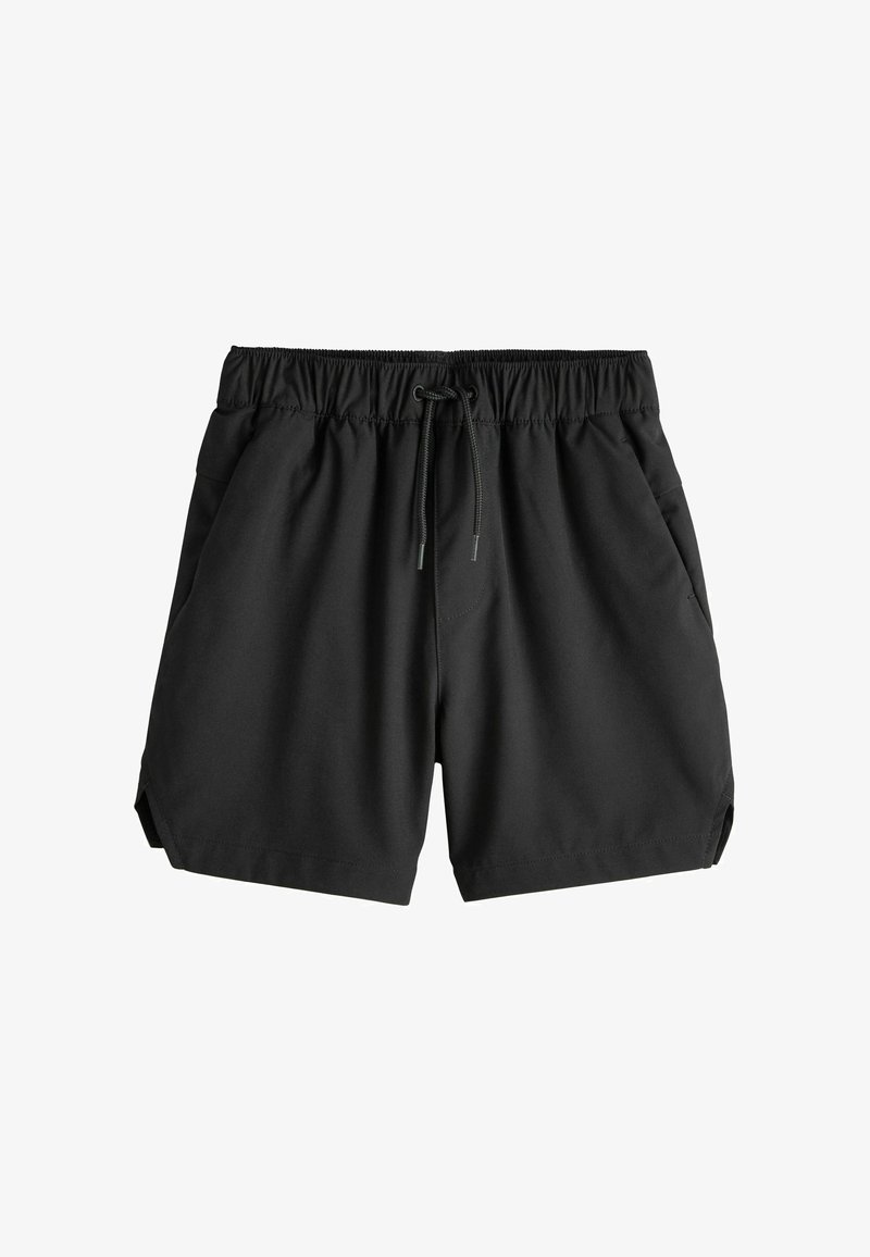 Schwarze Badeshorts aus glattem Stoff mit elastischem Bund und Kordelzug sowie seitlichen Taschen, mit einem leichten Seitenschlitz am Saum.