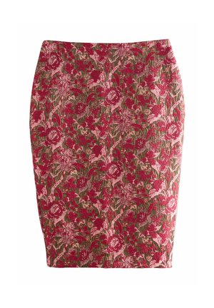 Blommig pennkjol i strukturerad tyg med stora röda och rosa blommor på en mörkgrön bakgrund, figurnära design.