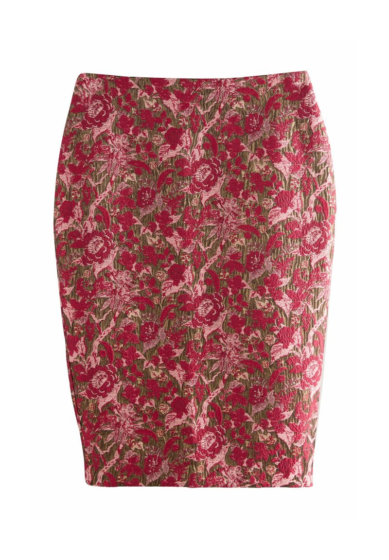 Jupe crayon florale en tissu texturé avec de grandes fleurs rouges et roses sur un fond vert foncé, design ajusté.