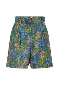 Vihreät korkeavyötäröiset shortsit, joissa on monivärinen kukkakuosi ja sopiva vyö pyöreällä mustalla soljella.