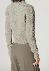 Hellgrauer Strickpullover mit Chevron-Muster, hoher Kragen und geripptem Saum, kombiniert mit olivgrünen Hosen.