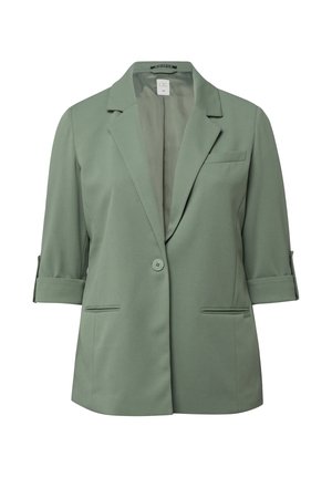 Jasnozielona marynarka z rękawami do łokcia, zapinana na jeden guzik, z wyciętym klapą i przednimi kieszeniami.