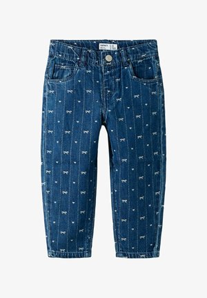 Jeans in denim per bambini di colore blu scuro con motivi a fiocco bianco e cuori. Presentano tasche e chiusura a bottone. Design a gamba dritta.