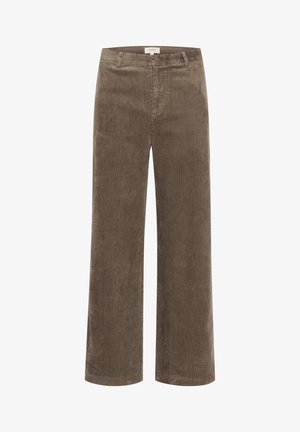 Korduroja plaša kāju bikses bagātā brūnā krāsā, ar vertikālām ribām, vidēju jostas līmeni un vienkāršu dizainu bez redzamām rotājumiem.
