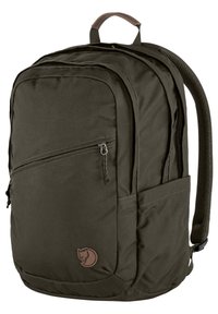 Dark olive green backpack, made of durable fabric, featuring a top handle, adjustable padded straps, and a front zippered pocket with logo detail.