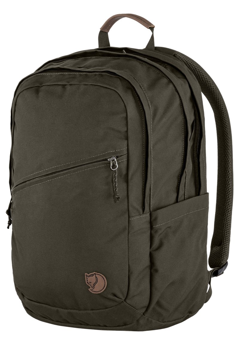 Dark olive green backpack, made of durable fabric, featuring a top handle, adjustable padded straps, and a front zippered pocket with logo detail.