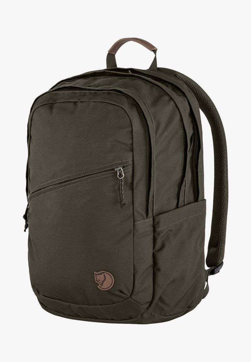 Dark olive green backpack, made of durable fabric, featuring a top handle, adjustable padded straps, and a front zippered pocket with logo detail.