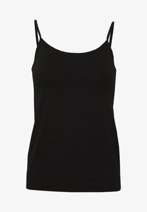 Black tank top with thin adjustable straps, made from a smooth, stretchy fabric. Features a simple, fitted design. No embellishments or patterns.