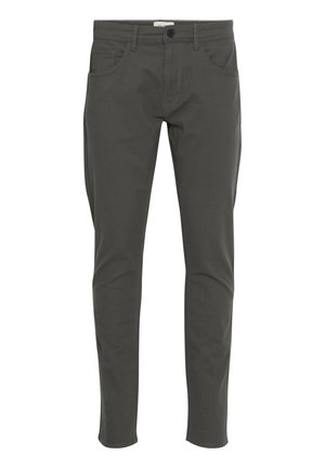 Temno zelene, slim-fit hlače iz raztegljive mešanice bombaža z gladko teksturo, opremljene z sprednjimi žepi in klasičnim gumbnim zapiranjem.