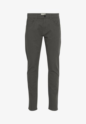 Sötétzöld, slim-fit nadrág rugalmas pamut keverékből, sima tapintással, elülső zsebekkel és klasszikus gombos záródással.