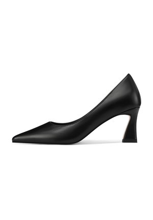 Scarpa nera in pelle con tacco alto, punta affusolata e finitura testurizzata. Il tacco ha una forma triangolare unica con un leggero accento metallico.