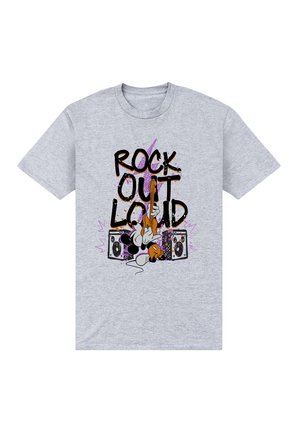 Graues T-Shirt mit einem Cartoon-Charakter, der E-Gitarre spielt, und großem Text "Rock Out Loud" über zwei Lautsprechern mit bunten Spritzern.