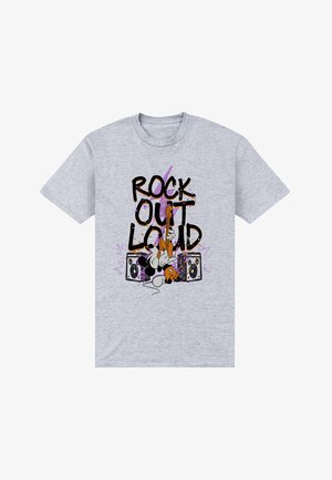 Grijs T-shirt met een cartoonfiguur dat elektrische gitaar speelt en grote tekst "Rock Out Loud" boven twee luidsprekers met kleurrijke vlekken.
