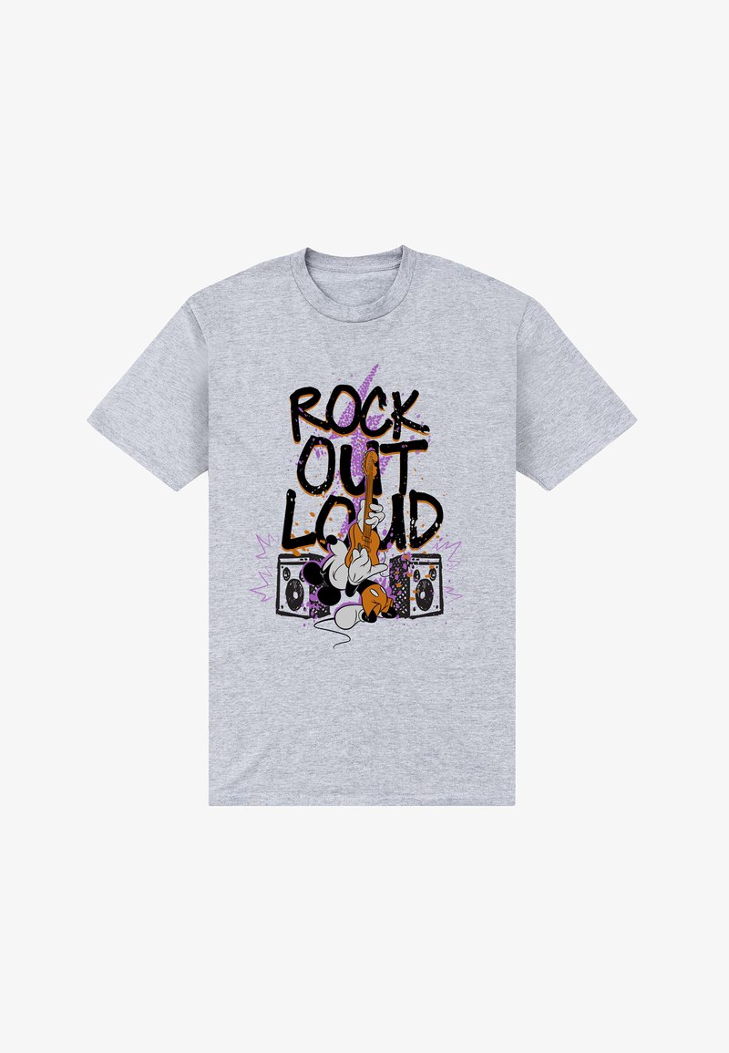 Šedé tričko s kreslenou postavičkou hrající na elektrickou kytaru a velkým nápisem "Rock Out Loud" nad dvěma reproduktory s barevnými skvrnami.