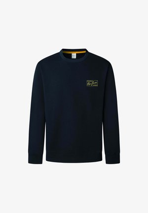 Temno mornarsko modra jopa z dolgimi rokavi, rebrastimi manšetami in ovratnikom, z majhnim rumenim logotipom na levi strani prsnega področja. Mehka tekstura blaga.