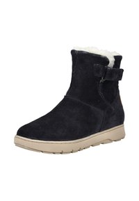 Dark navy suede ankle boots with a soft white faux fur lining and adjustable strap detail, featuring a beige rubber sole and textured surface.