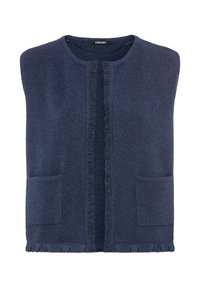 Marineblauwe mouwloze cardigan met open voorkant, twee voorzakken en subtiele franjes langs de randen en de zoom.