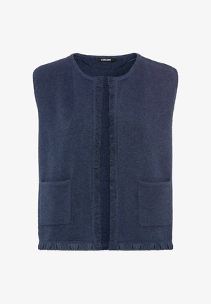 Navy-blauer ärmelloser Cardigan mit offenem Frontschnitt, zwei aufgesetzten Taschen und subtilen Fransenverzierungen entlang der Kanten und des Saums.