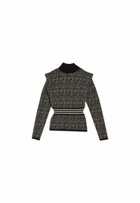 Maglione a maniche lunghe con stampa leopardata nera e beige, colletto alto a coste, aperture per le spalle e dettaglio della vita a coste a righe.