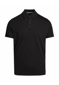 Svart polo skjorta med dragkedja i kragen, korta ärmar och en slät yta. Har en kontrasterande inredning vid kragen.