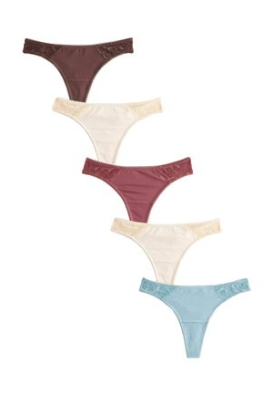 Fem dameg-strenge med blondekant i brun, creme, lavendel, creme og lyseblå, arrangeret diagonalt på en hvid baggrund.