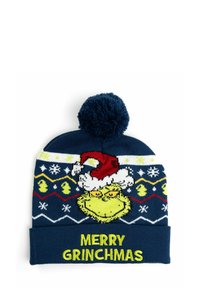 Berretto di maglia blu navy con pompon, caratterizzato dal Grinch che indossa un cappello di Babbo Natale e la scritta "MERRY GRINCHMAS" in giallo brillante.