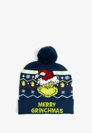 Berretto di maglia blu navy con pompon, caratterizzato dal Grinch che indossa un cappello di Babbo Natale e la scritta "MERRY GRINCHMAS" in giallo brillante.