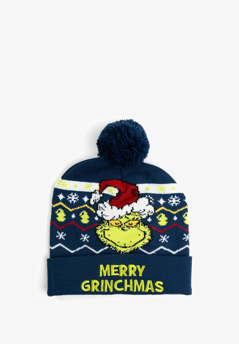 Berretto di maglia blu navy con pompon, caratterizzato dal Grinch che indossa un cappello di Babbo Natale e la scritta "MERRY GRINCHMAS" in giallo brillante.