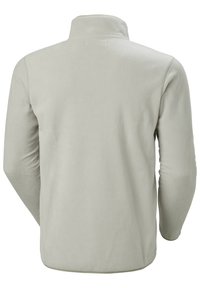 Lichtgrijze fleece pullover met een hoge kraag, lange mouwen en een gladde textuur. Heeft platte naden en een rechte zoom.