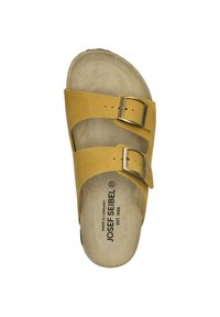 Yellow leather slide sandal with two adjustable buckles, a contoured footbed, and a textured sole. Brand name printed on the insole.