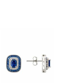 Orecchini in pietra blu con un centro rettangolare, circondato da piccole pietre blu e trasparenti, montati in argento con chiusura a perno.