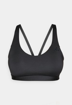Mustmust värvi spordidekoltee, millel on sile ja veniv kangas. Omab ümarat kaelust ja ristatud rihmadega kujundust. Minimalistlik disain logoga detailiga.