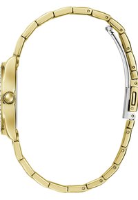 Montre dorée avec un bracelet en mailles métalliques, présentant un boîtier rond et une finition lisse et polie. Comprend un fermoir argenté.