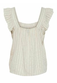 Top in lino chiaro con maniche a volant, scollatura quadrata e righe verticali. Vestibilità ampia e tessuto testurizzato con accenti sottili.
