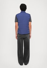 Colete azul acolchoado com colarinho alto, usado por cima de uma t-shirt cinza, combinado com jeans escuros de corte largo, visto por trás.